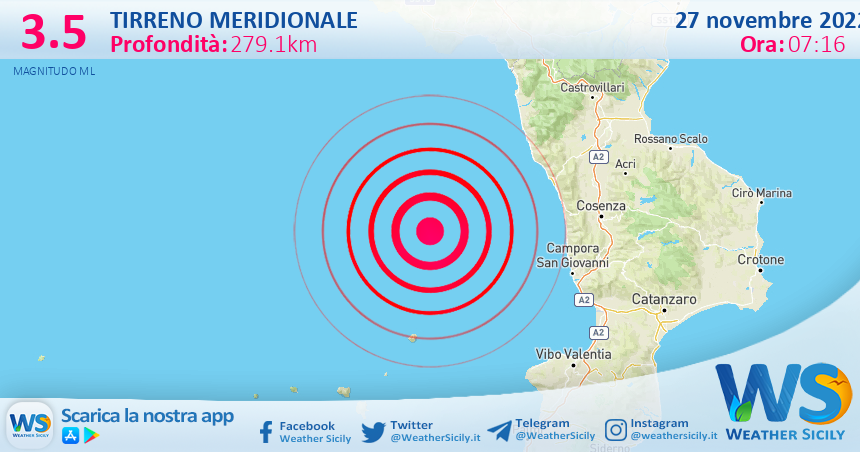Scossa di terremoto magnitudo 3.5 nel Tirreno Meridionale (MARE)