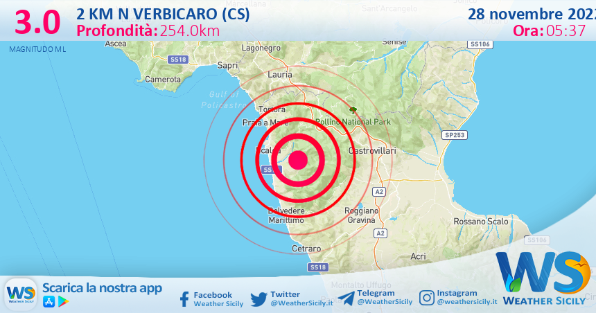 Scossa di terremoto magnitudo 3.0 nei pressi di Verbicaro (CS)