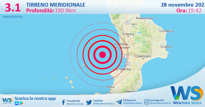 Scossa di terremoto magnitudo 3.1 nel Tirreno Meridionale (MARE)