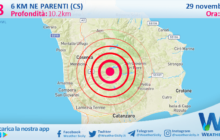 Scossa di terremoto magnitudo 2.8 nei pressi di Parenti (CS)