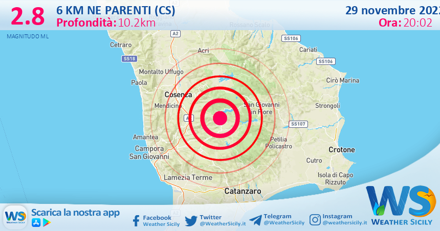 Scossa di terremoto magnitudo 2.8 nei pressi di Parenti (CS)