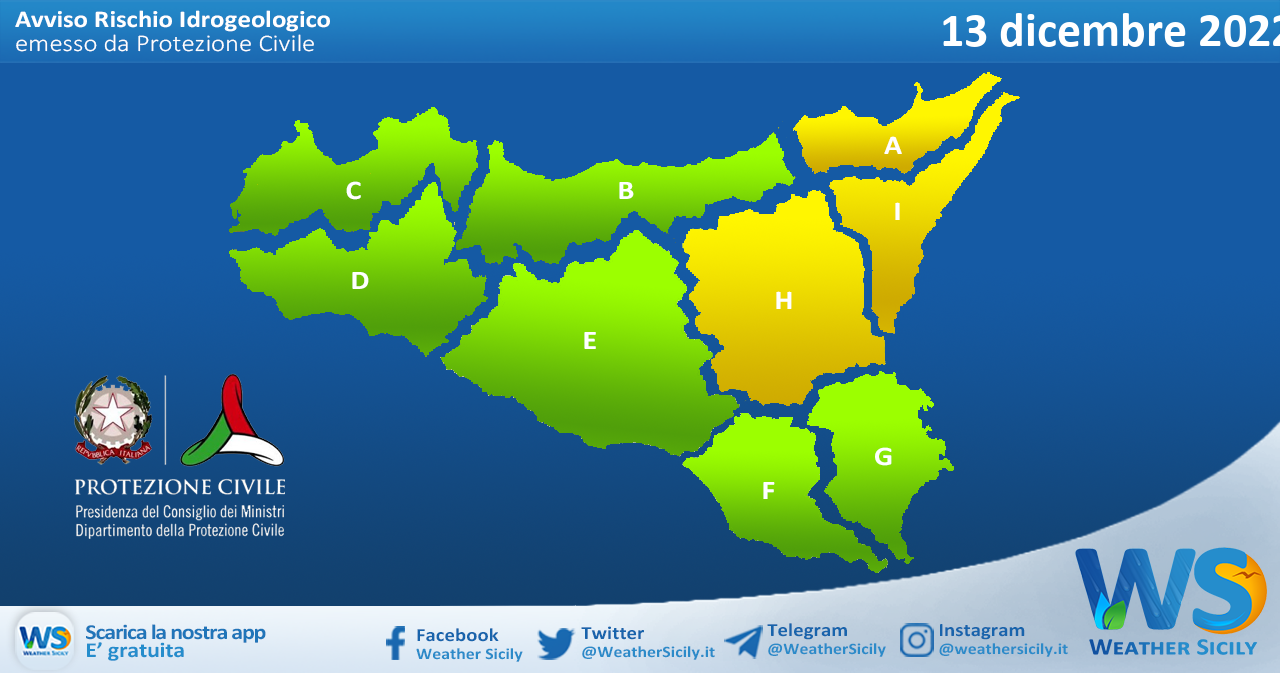 Meteo Sicilia: avviso rischio idrogeologico per martedì 13 dicembre 2022