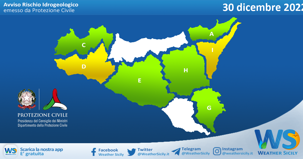 Meteo Sicilia: avviso rischio idrogeologico per venerdì 30 dicembre 2022