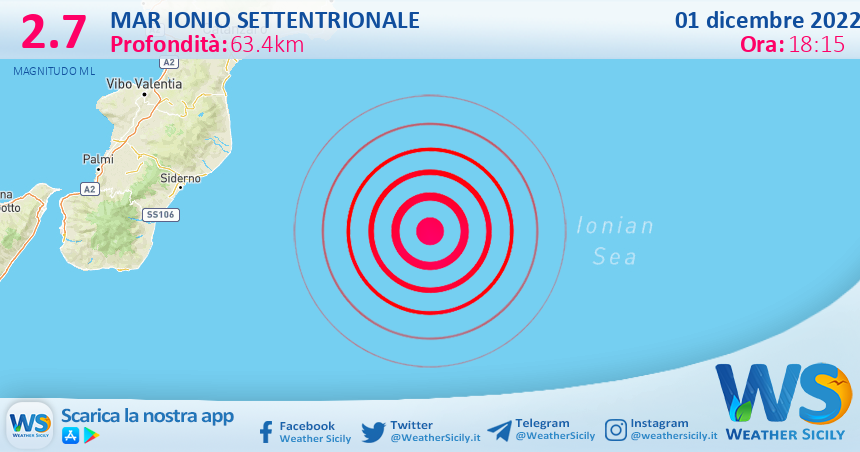Scossa di terremoto magnitudo 2.7 nel Mar Ionio Settentrionale (MARE)