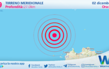 Scossa di terremoto magnitudo 2.9 nel Tirreno Meridionale (MARE)