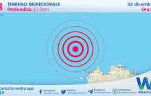 Scossa di terremoto magnitudo 2.8 nel Tirreno Meridionale (MARE)