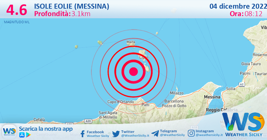 Scossa di terremoto magnitudo 4.6 nei pressi di Isole Eolie (Messina)