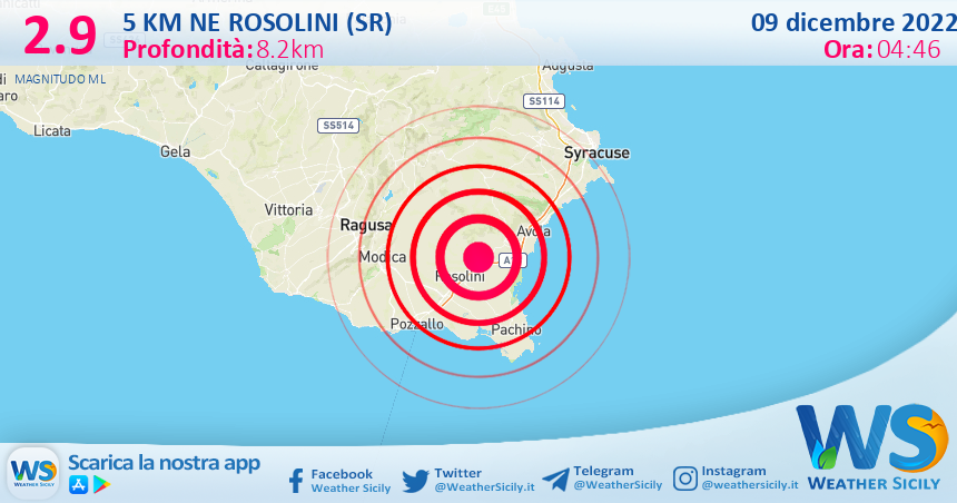 Scossa di terremoto magnitudo 2.9 nei pressi di Rosolini (SR)