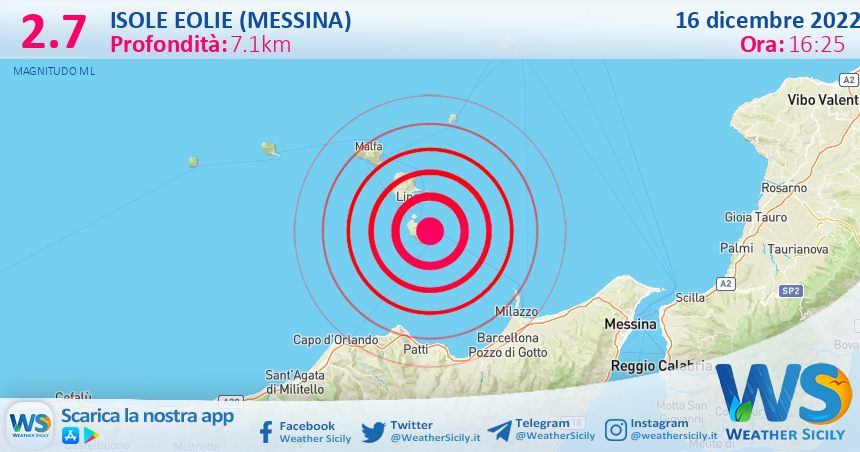 Scossa di terremoto magnitudo 2.7 nei pressi di Isole Eolie (Messina)