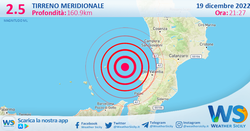 Scossa di terremoto magnitudo 2.5 nel Tirreno Meridionale (MARE)