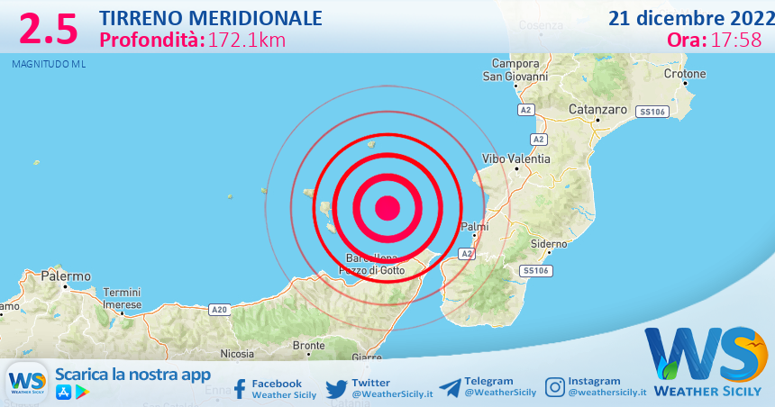 Scossa di terremoto magnitudo 2.5 nel Tirreno Meridionale (MARE)