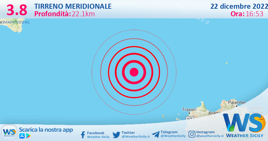 Scossa di terremoto magnitudo 3.8 nel Tirreno Meridionale (MARE)
