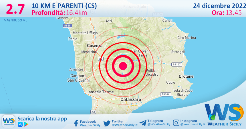 Scossa di terremoto magnitudo 2.7 nei pressi di Parenti (CS)
