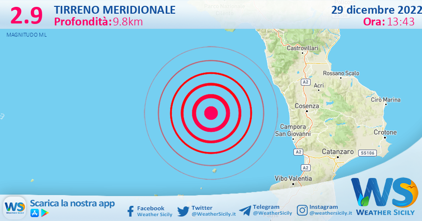 Scossa di terremoto magnitudo 2.9 nel Tirreno Meridionale (MARE)