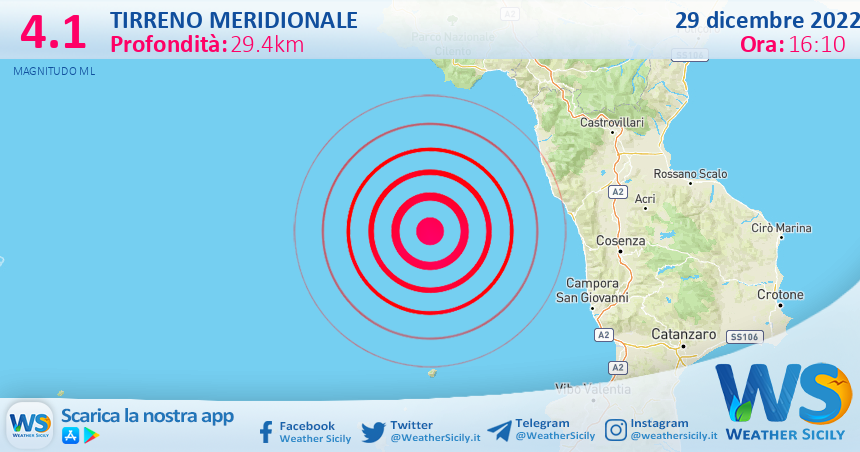 Scossa di terremoto magnitudo 4.1 nel Tirreno Meridionale (MARE)