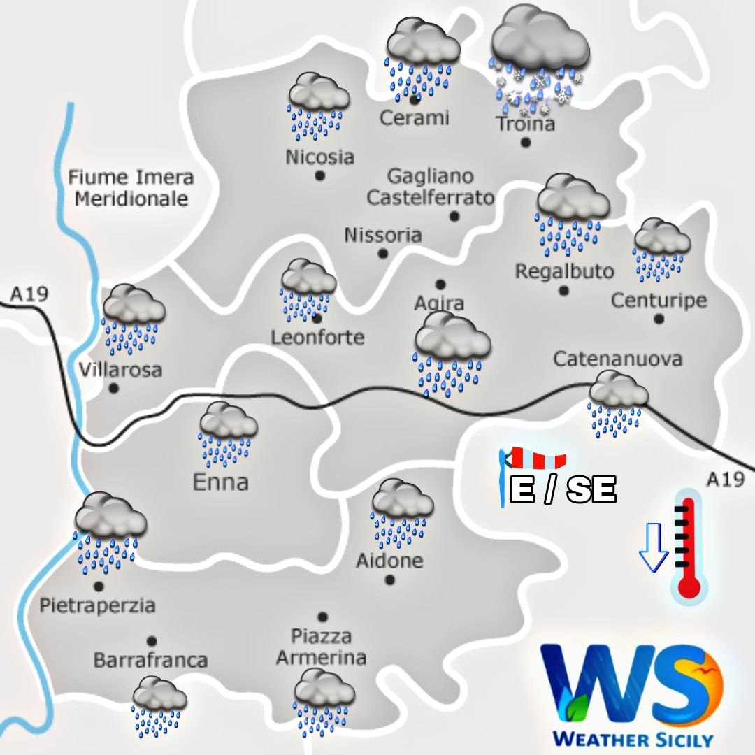 Meteo Enna e provincia: cielo nuvoloso con alternanza di pioggia e schiarite.