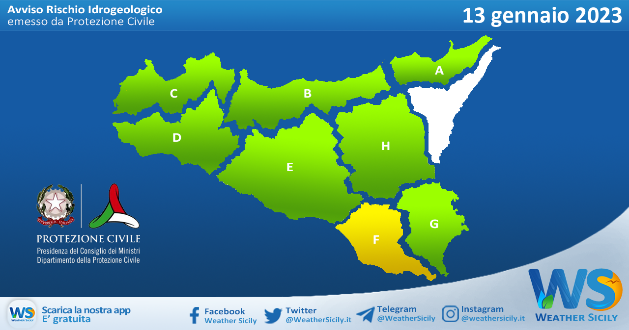 Meteo Sicilia: avviso rischio idrogeologico per venerdì 13 gennaio 2023