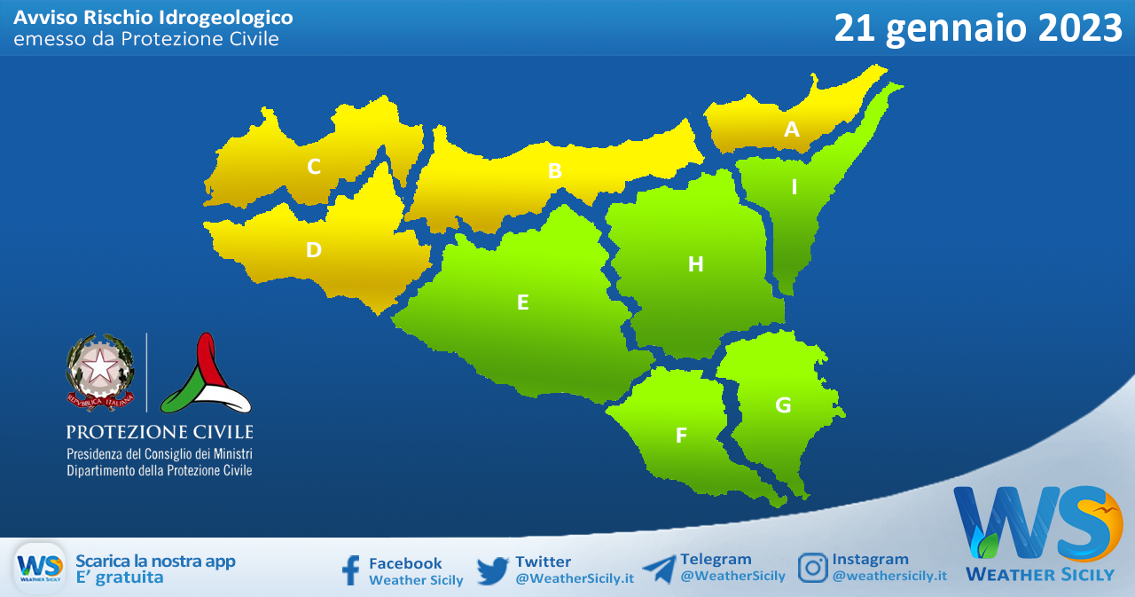 Meteo Sicilia: avviso rischio idrogeologico per sabato 21 gennaio 2023