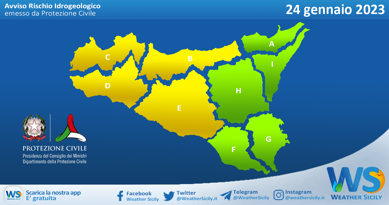 Meteo Sicilia: avviso rischio idrogeologico per martedì 24 gennaio 2023