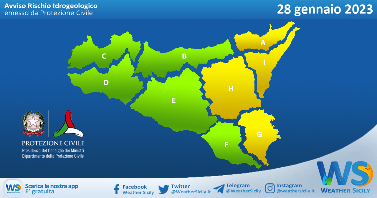 Meteo Sicilia: avviso rischio idrogeologico per sabato 28 gennaio 2023