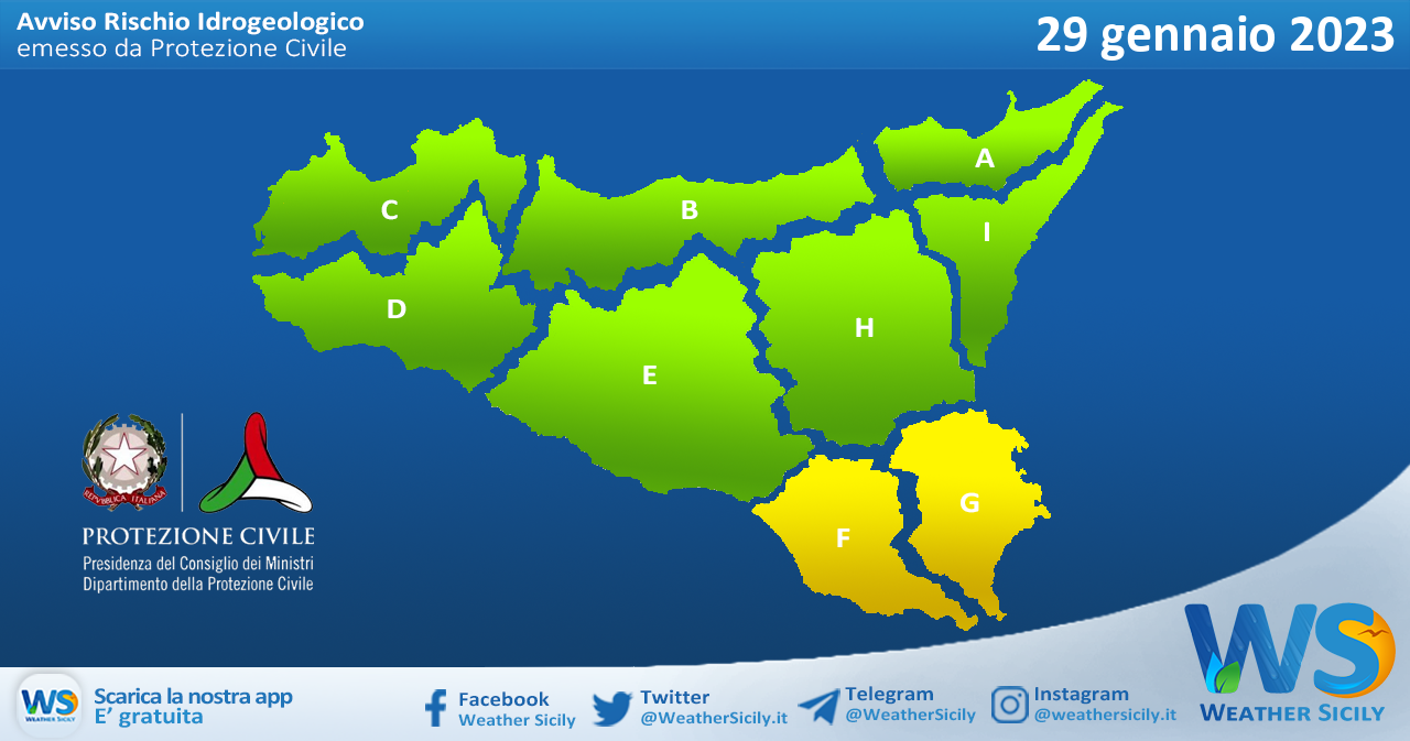 Meteo Sicilia: avviso rischio idrogeologico per domenica 29 gennaio 2023