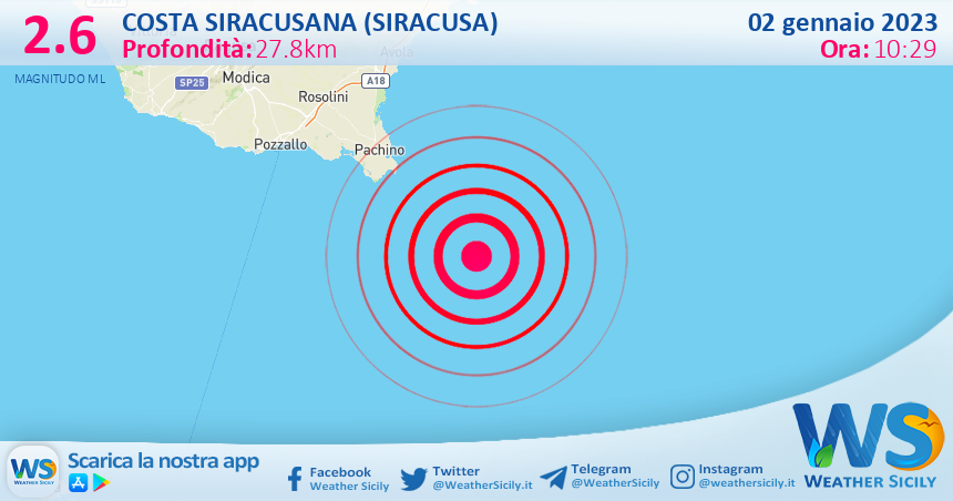 Scossa di terremoto magnitudo 2.6 nei pressi di Costa Siracusana (Siracusa)