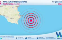 Scossa di terremoto magnitudo 2.5 nel Mar Ionio Meridionale (MARE)
