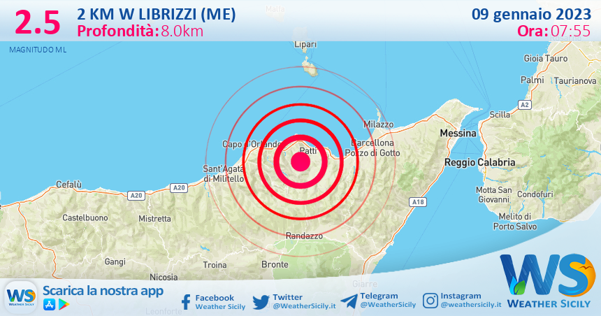 Scossa di terremoto magnitudo 2.5 nei pressi di Librizzi (ME)