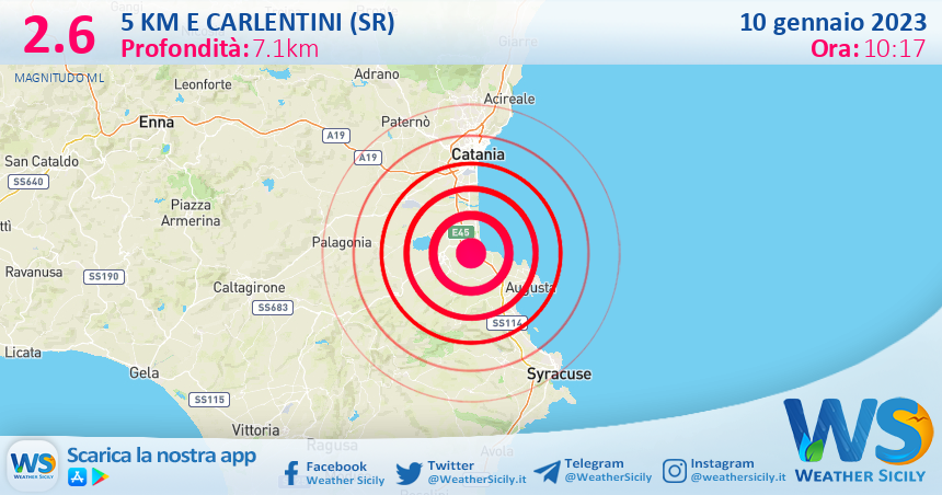 Scossa di terremoto magnitudo 2.6 nei pressi di Carlentini (SR)