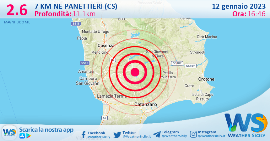 Scossa di terremoto magnitudo 2.6 nei pressi di Panettieri (CS)