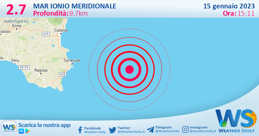 Scossa di terremoto magnitudo 2.7 nel Mar Ionio Meridionale (MARE)