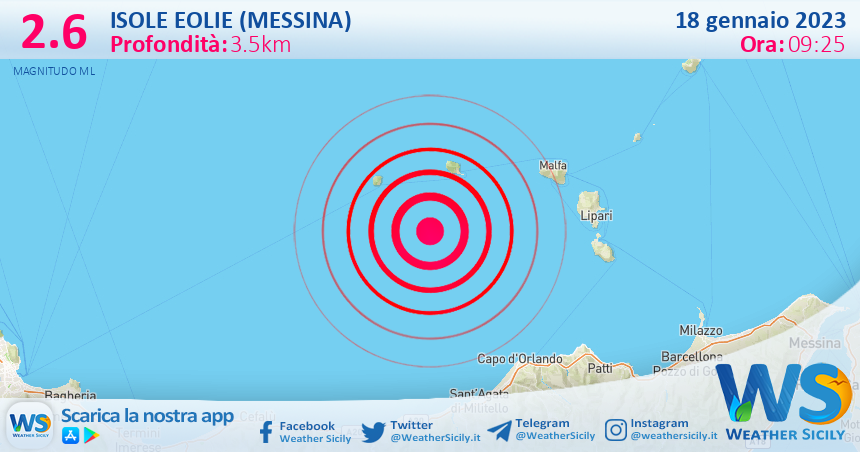 Scossa di terremoto magnitudo 2.6 nei pressi di Isole Eolie (Messina)