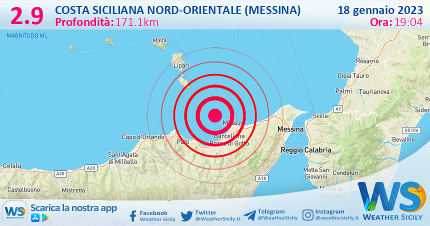 Scossa di terremoto magnitudo 2.9 nei pressi di Costa Siciliana nord-orientale (Messina)
