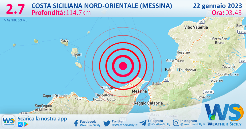 Scossa di terremoto magnitudo 2.7 nei pressi di Costa Siciliana nord-orientale (Messina)