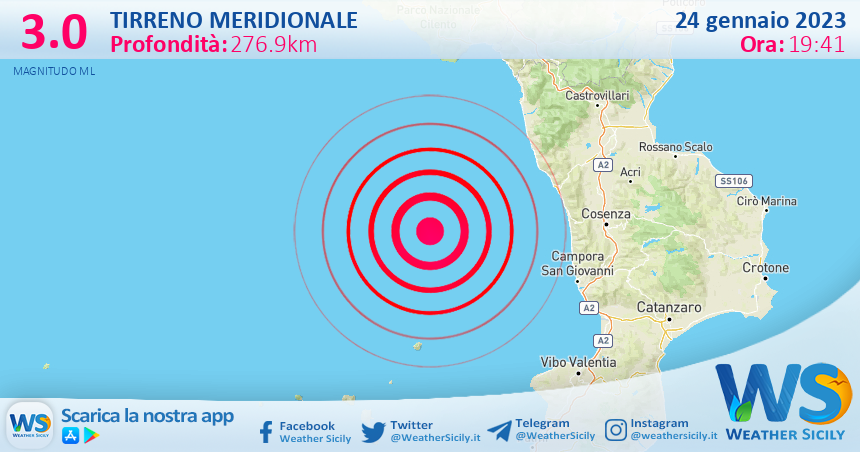 Scossa di terremoto magnitudo 3.0 nel Tirreno Meridionale (MARE)