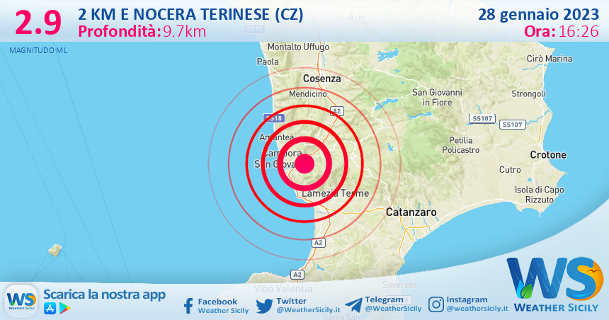 Scossa di terremoto magnitudo 2.9 nei pressi di Nocera Terinese (CZ)
