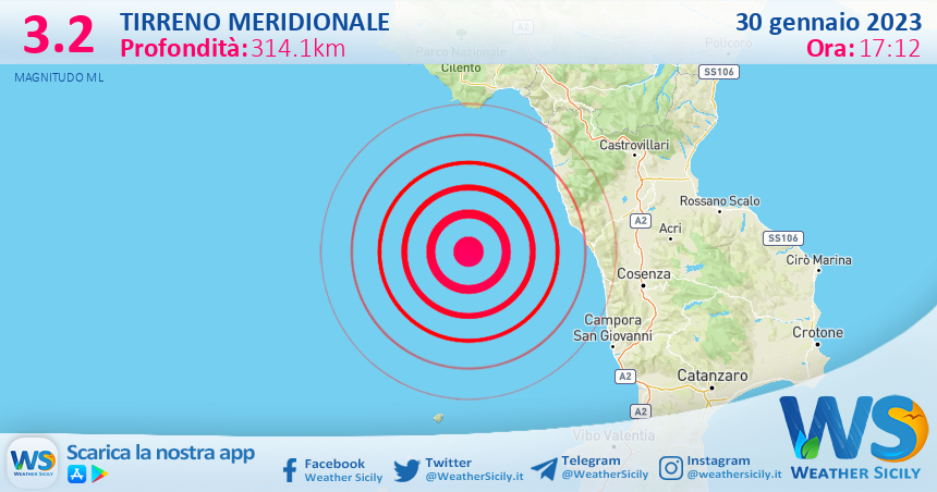 Scossa di terremoto magnitudo 3.2 nel Tirreno Meridionale (MARE)