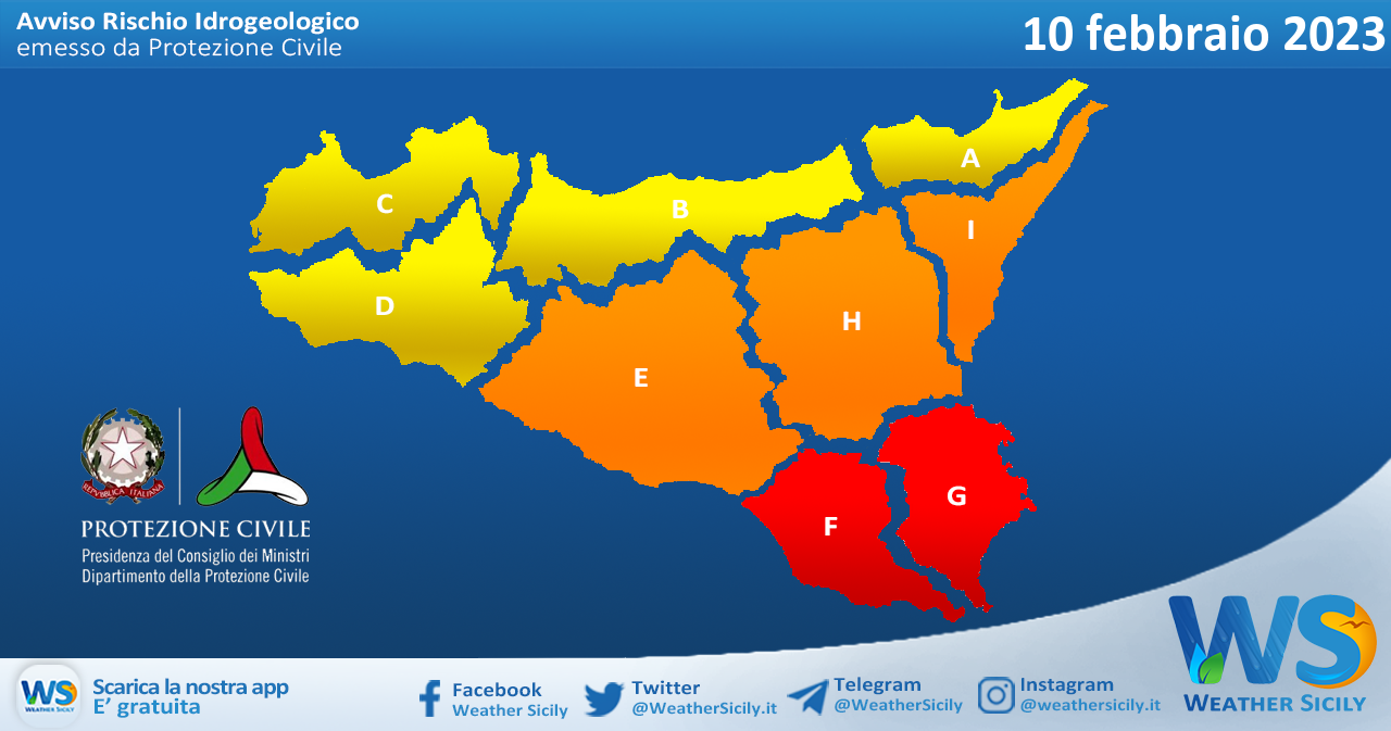 Meteo Sicilia: avviso rischio idrogeologico per venerdì 10 febbraio 2023