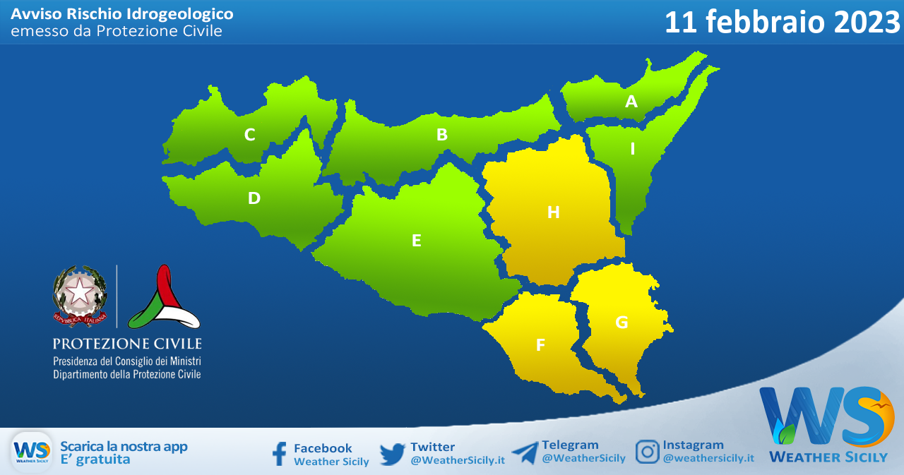 Meteo Sicilia: avviso rischio idrogeologico per sabato 11 febbraio 2023