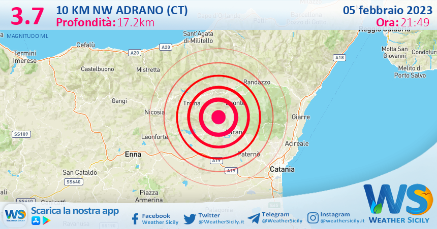 Scossa di terremoto magnitudo 3.7 nei pressi di Adrano (CT)