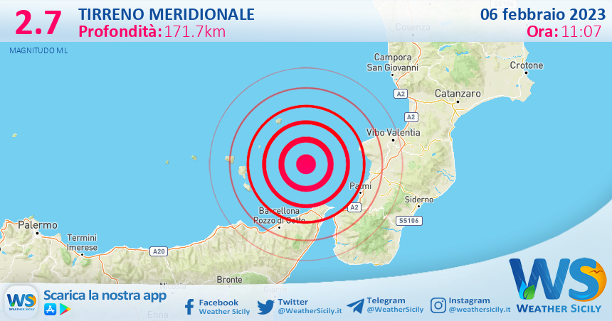 Scossa di terremoto magnitudo 2.7 nel Tirreno Meridionale (MARE)