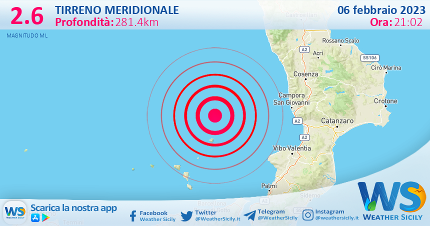 Scossa di terremoto magnitudo 2.6 nel Tirreno Meridionale (MARE)