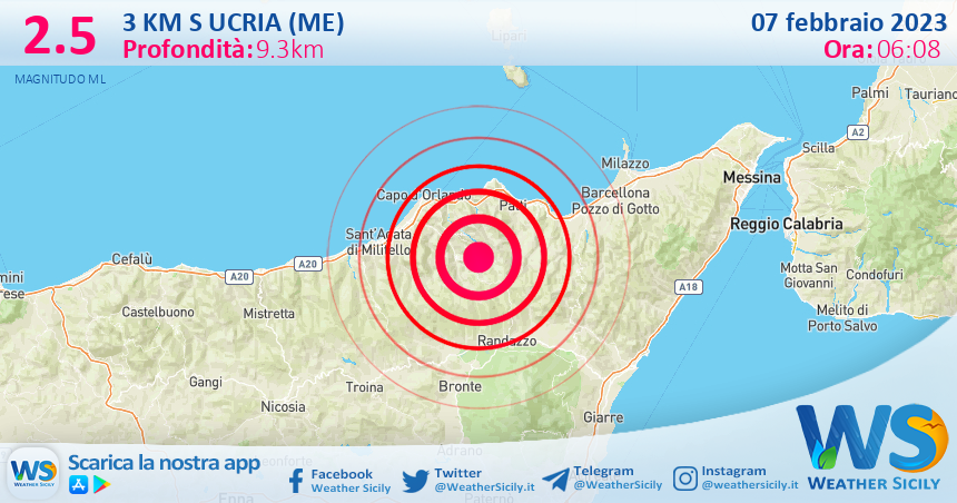 Scossa di terremoto magnitudo 2.5 nei pressi di Ucria (ME)