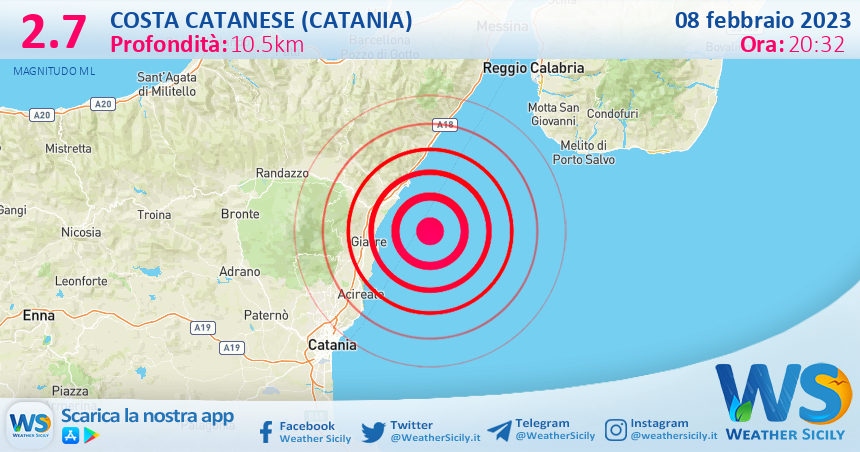 Scossa di terremoto magnitudo 2.7 nei pressi di Costa Catanese (Catania)