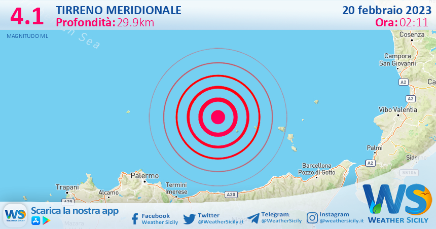 Scossa di terremoto magnitudo 4.1 nel Tirreno Meridionale (MARE)