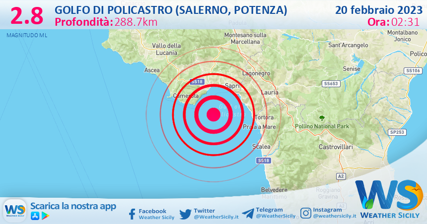 Scossa di terremoto magnitudo 2.8 nei pressi di Golfo di Policastro (Salerno, Potenza)