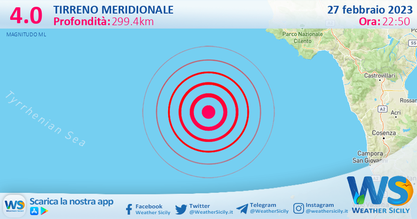 Scossa di terremoto magnitudo 4.0 nel Tirreno Meridionale (MARE)