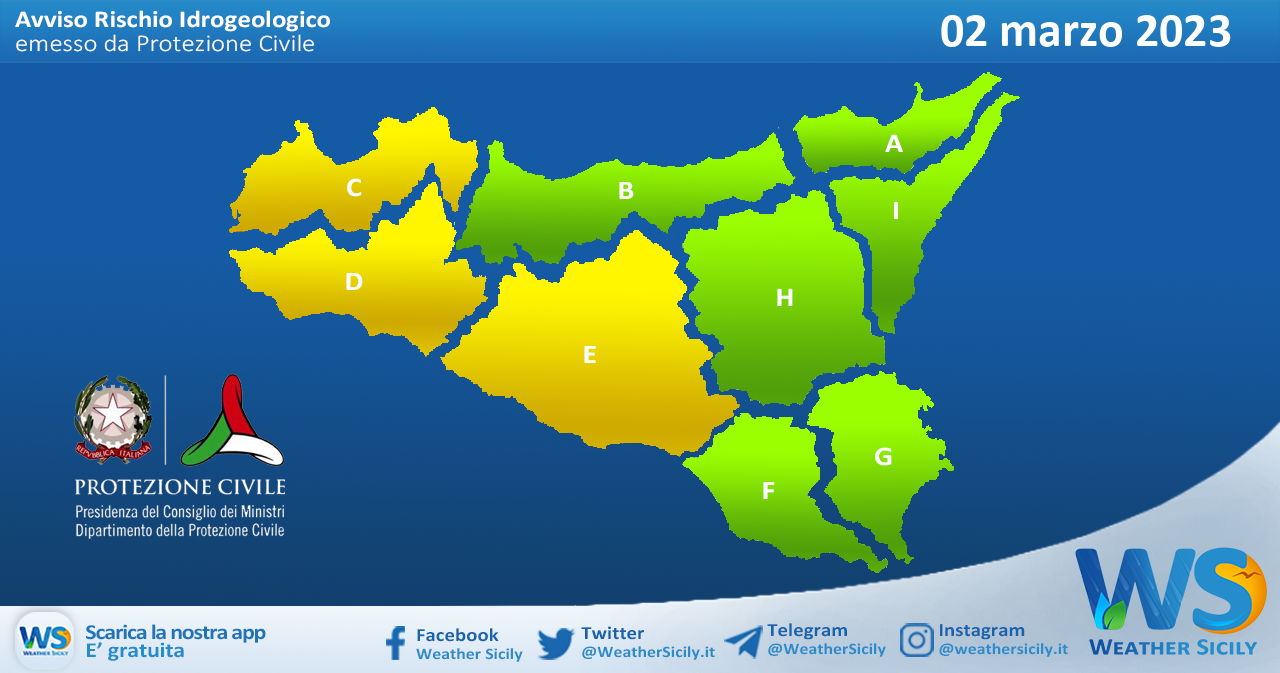 Meteo Sicilia: bollettino di allerta meteo per domani, giovedì 02 marzo 2023