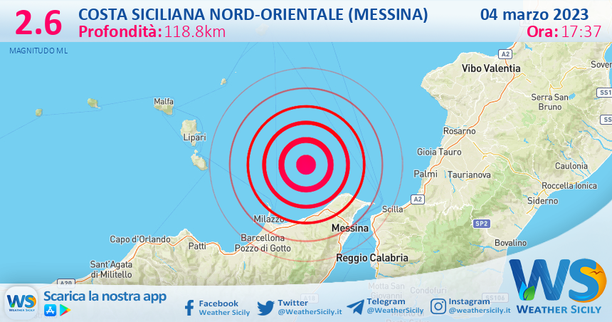 Scossa di terremoto magnitudo 2.6 nei pressi di Costa Siciliana nord-orientale (Messina)