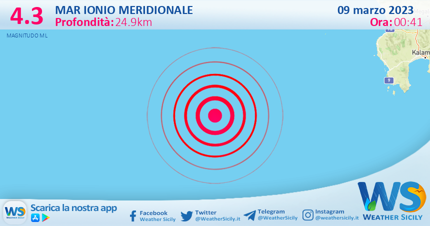 Scossa di terremoto magnitudo 4.3 nel Mar Ionio Meridionale (MARE)